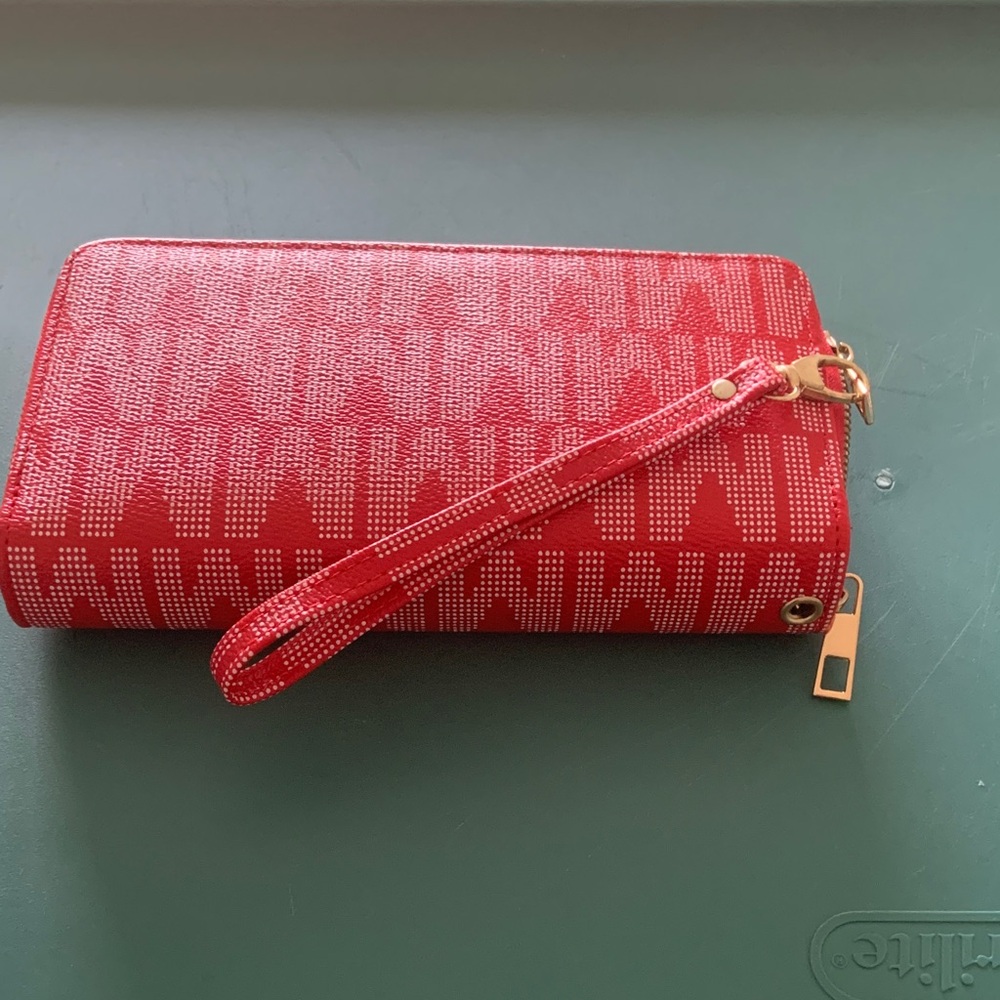 Red Wristlet Wallet with Logo Pattern - Unknown Brand